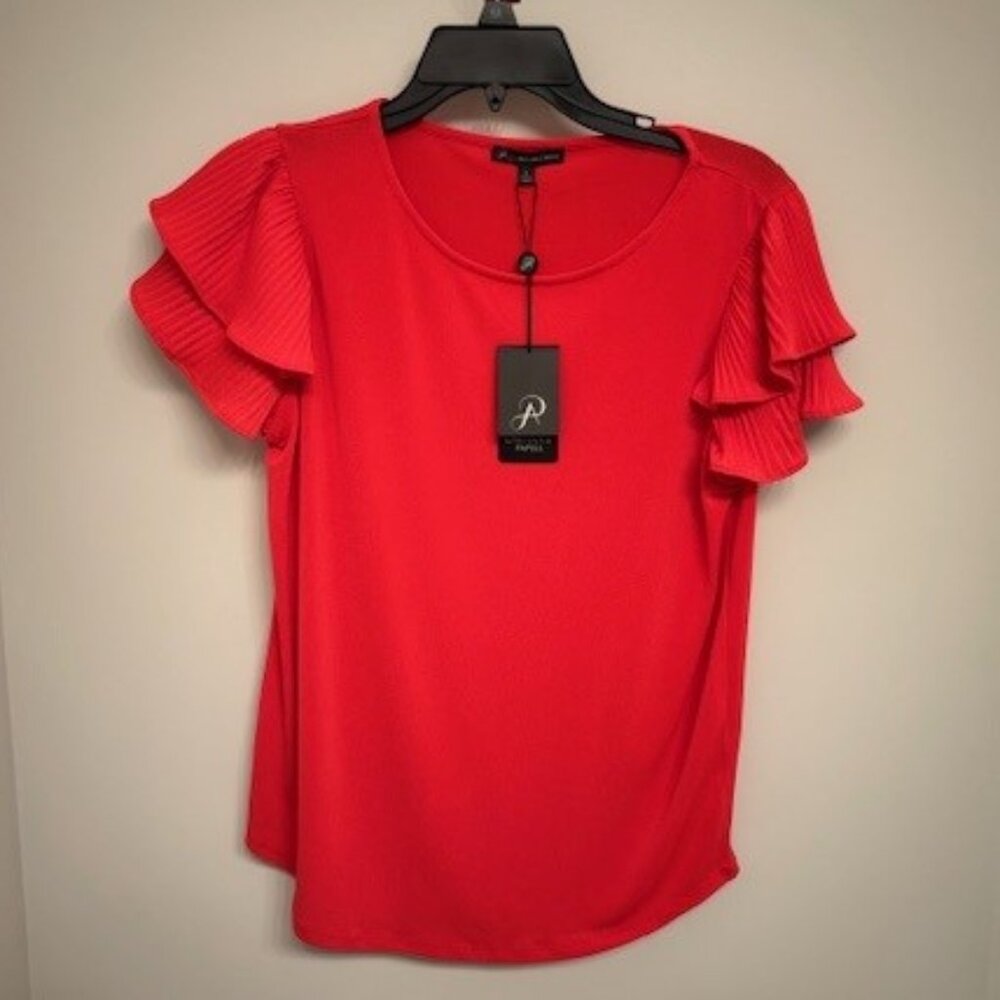 Adrianna Papell Solid Knit Pleated Double Flutter Blouse Red Small